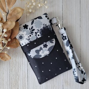 Black, Gray and White Phone Wristlet: Padded Protective Pouch with Card Slot and Removable Strap