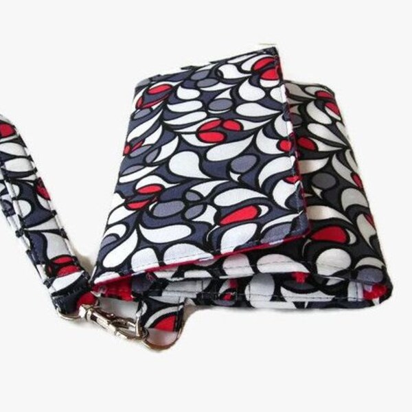 Smartphone Wristlet Wallet - Padded iPhone Wallet - Gray White Red Wristlet - Trifold Phone Wallet - Womens' Clutch - Removable Strap