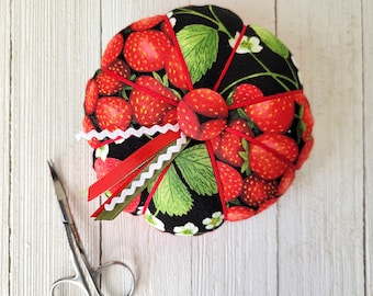 Strawberry Print Pin Cushion - Red and Black Pincushion - Sewing Accessory - Needle Cushion