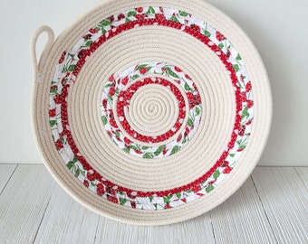 Rope Bowl with Red and Green Fabric Accents - 8 in wide at top x 1.75 in deep - Fabric Basket - Home Decor Container