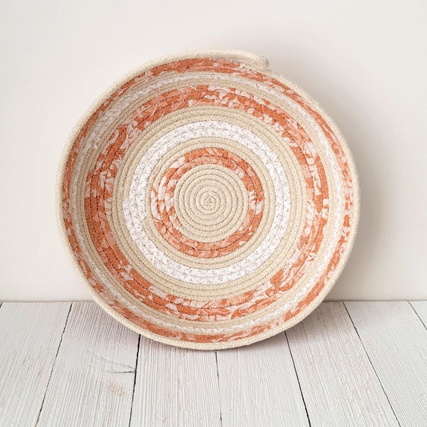 Coiled Rope Basket with Peach Fabric Highlights - 7 1/2" diameter, Home Decor Bowl, Storage Basket