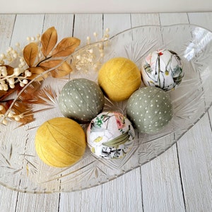Yellow and Green Floral 2 1/3 Inch Bowl Fillers - Set of 6 - Farmhouse Rag Balls - Springtime Tabletop Decor - Basket Fillers