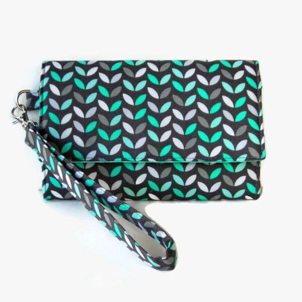 Turquoise Gray Cell Phone Trifold Wallet Wristlet - Turquoise Smartphone Wristlet - Gray Padded Phone Pouch -  iPhone Wallet
