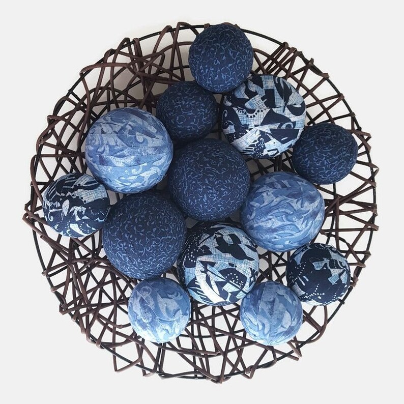 Blue Fabric Bowl Fillers 3 inch Farmhouse Rag Balls Set of