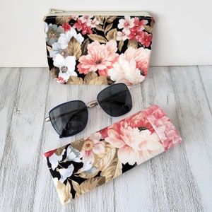 Pink Floral Padded Eyeglass Holder - Optional Matching Cosmetic Bag - Sunglass Sleeve - Zipper Pouch