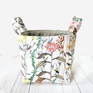 Pink Yellow Green Spring Floral Fabric Bin - 6x5x6 Storage Container with Handles -Home Organization Decor