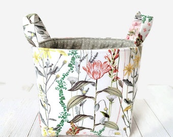 Pink Yellow Green Spring Floral Fabric Bin - 6x5x6 Storage Container with Handles -Home Organization Decor