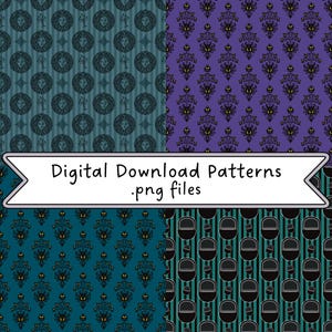 May include: A set of four digital patterns in a grid layout. The top left features teal stripes with circular portraits and candelabras. The top right shows purple damask with yellow eyes. The bottom left is dark teal damask with yellow eyes. The bottom right has black stripes with circular icons. A central banner reads Digital Download Patterns .png files.