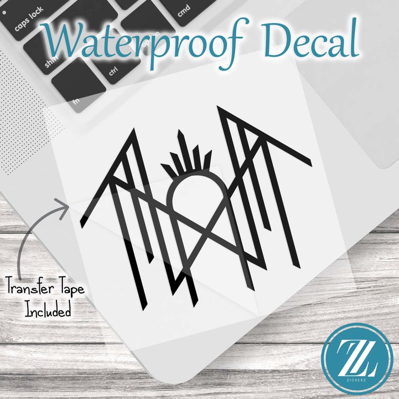 May include: A black waterproof decal featuring a geometric, angular line art design with a central sunburst motif. The decal is presented on a clear backing sheet with transfer tape included, as indicated by the text on the image.