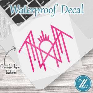 May include: A bright pink waterproof decal featuring a stylized geometric logo with sharp lines and a central sunburst element. The decal is presented on a clear backing sheet with the text Waterproof Decal and Transfer Tape Included.