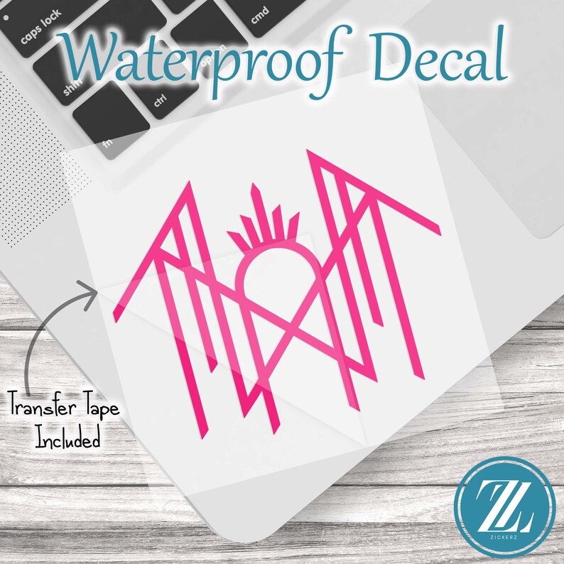 May include: A bright pink waterproof decal featuring a stylized geometric logo with sharp lines and a central sunburst element. The decal is presented on a clear backing sheet with the text Waterproof Decal and Transfer Tape Included.