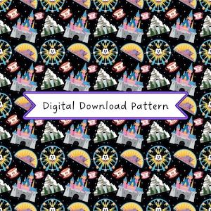 May include: A repeating pattern on a black background featuring castles, Ferris wheels, teacups, and mountains. The Ferris wheels have a Mickey Mouse face in the center. The text "Digital Download Pattern" is displayed on a banner.