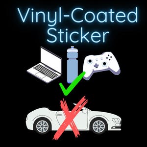May include: A white convertible car with a red X over it, a blue water bottle with a green tick, and a white video game controller with a green tick. The text "Vinyl-Coated Sticker" is in blue neon letters at the top of the image.