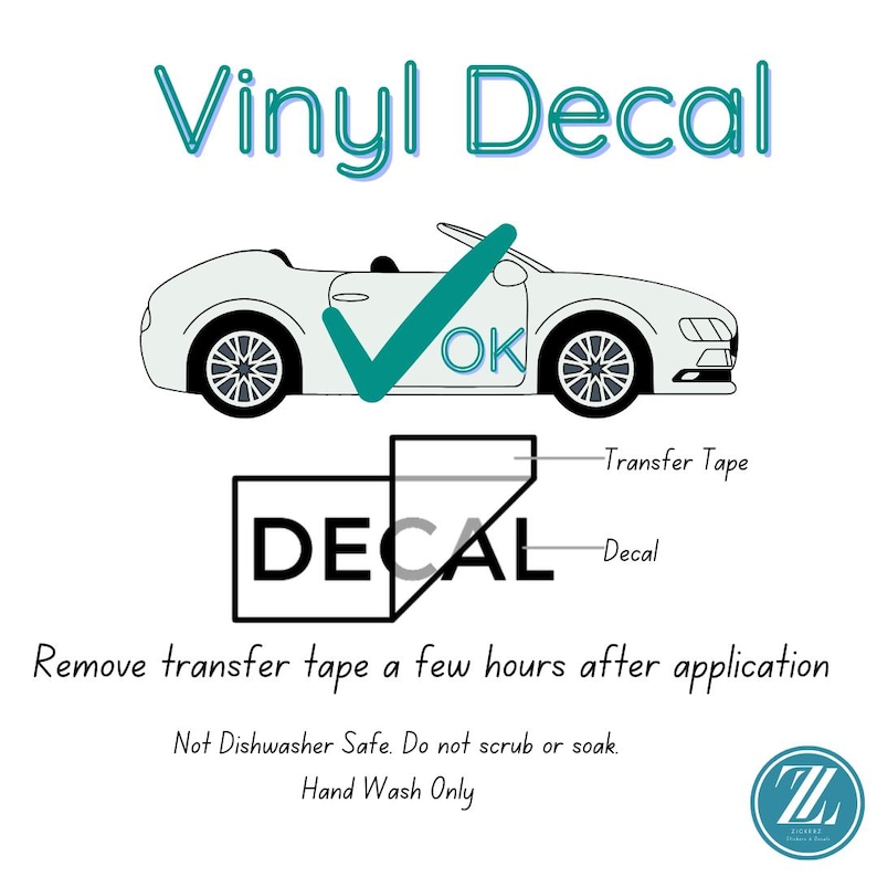 May include: A vinyl decal instruction graphic featuring a white convertible car with a teal checkmark and the text OK. Below, a diagram shows a decal with transfer tape. Text reads: Vinyl Decal, Remove transfer tape a few hours after application, Not Dishwasher Safe. Do not scrub or soak. Hand Wash Only.