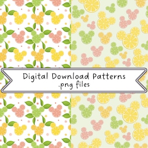 May include: Four digital patterns featuring citrus fruit slices arranged in a Mickey Mouse head shape. The patterns include lemon, lime, and grapefruit slices with green leaves. The text "Digital Download Patterns .png files" is displayed in a banner.