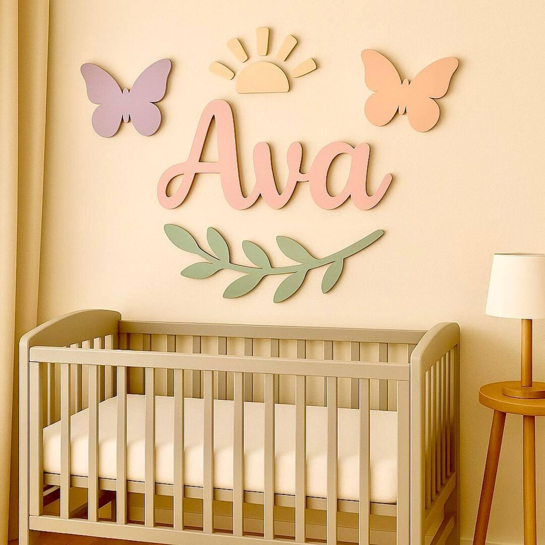 Wooden Nursery Wall Art, Butterfly Design, Personalized Baby Room Decor ...