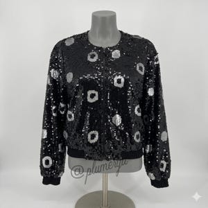 Vintage 80’s Retro Women's Silk Sequin Bomber Jacket Polka Dot Leopard Size M