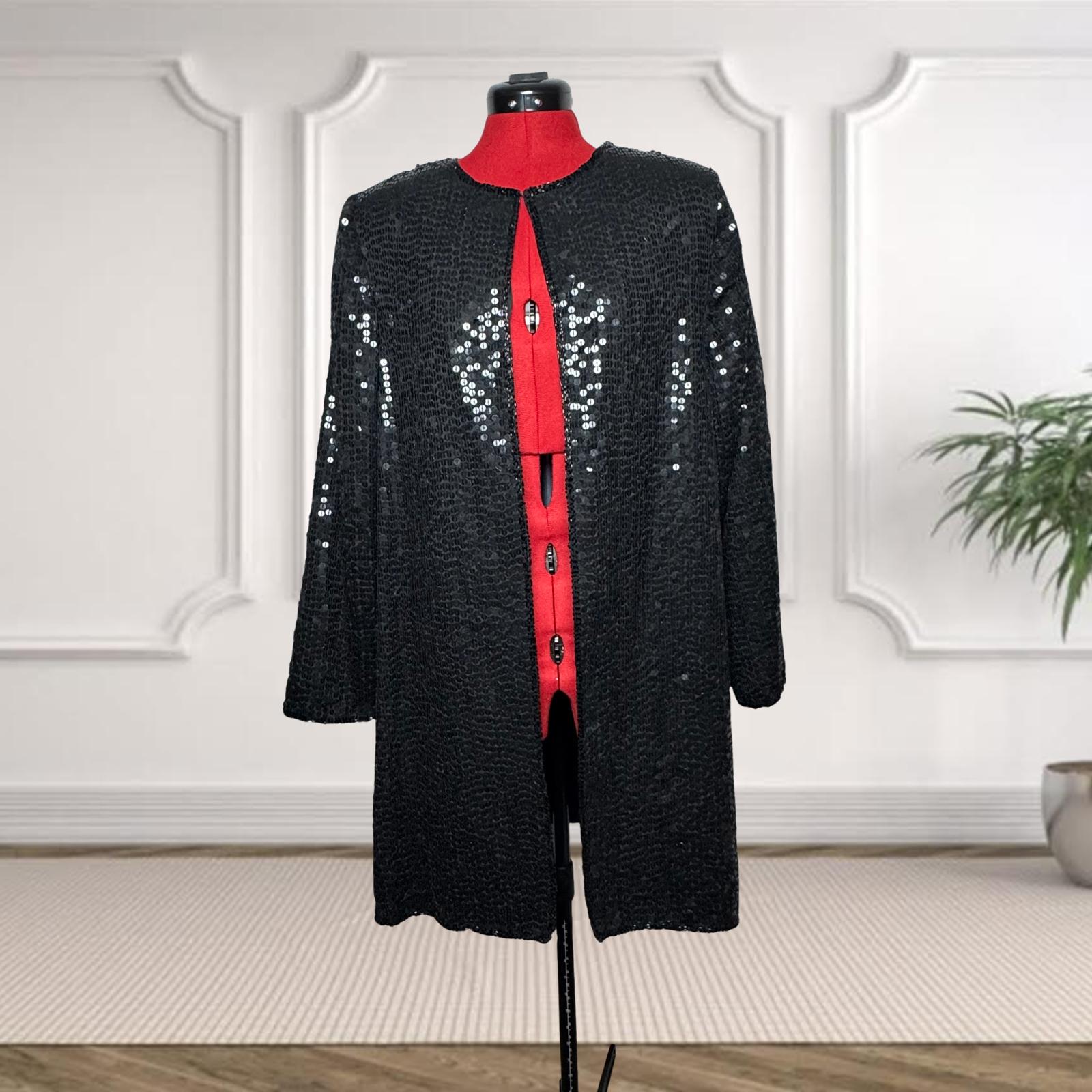 Vintage Jewel Queen Black Sequin & Silk Long Cardigan Size S