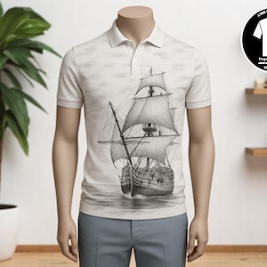 3D Boat Graphic Polo | Casual Short Sleeve Shirt for Men | Retro Lapel Tee | Relaxed Fit Button Top | Summer Streetwear Look