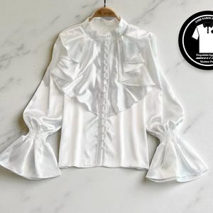 Ruffled Stand Neck Blusa | Flare Sleeve Tunic Top | White Lady Shirt | Sweet Feminine Style | Loose Fit Women’s Clothing