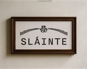 Sláinte Irish Celtic Archival Giclée Print, Vintage Shamrock or Clover Bar Decor (16x8)