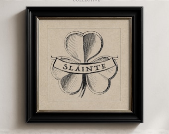 Sláinte and Shamrock Print, Vintage Irish Heirloom Wall Art, Square Unframed Archival Giclée, Bar Decor, Pub Sign, Shamrock Wall Art