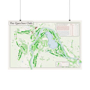 May include: A wall-mounted map of The Quechee Club golf course featuring a light background, green fairways, and a central blue lake. The print includes a detailed scorecard table, a legend, and descriptive text about the course layout and history.