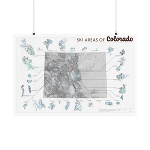 May include: A wall poster titled SKI AREAS OF Colorado featuring a central grayscale map of the state. Surrounding the map are numerous small, detailed illustrations of individual ski resort trail layouts connected by thin black lines.