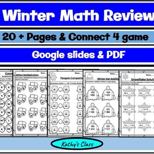 Puede incluir: Un recurso de repaso de matemáticas con temática invernal titulado "Winter Math Review". Incluye más de 20 páginas, un juego Connect 4 y está disponible en formatos Google Slides y PDF. Las hojas de trabajo presentan problemas de suma, multiplicación y comparación.