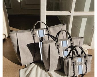 Monogrammed Stripe Tote Bag: Personalized Initial Chain Handbag