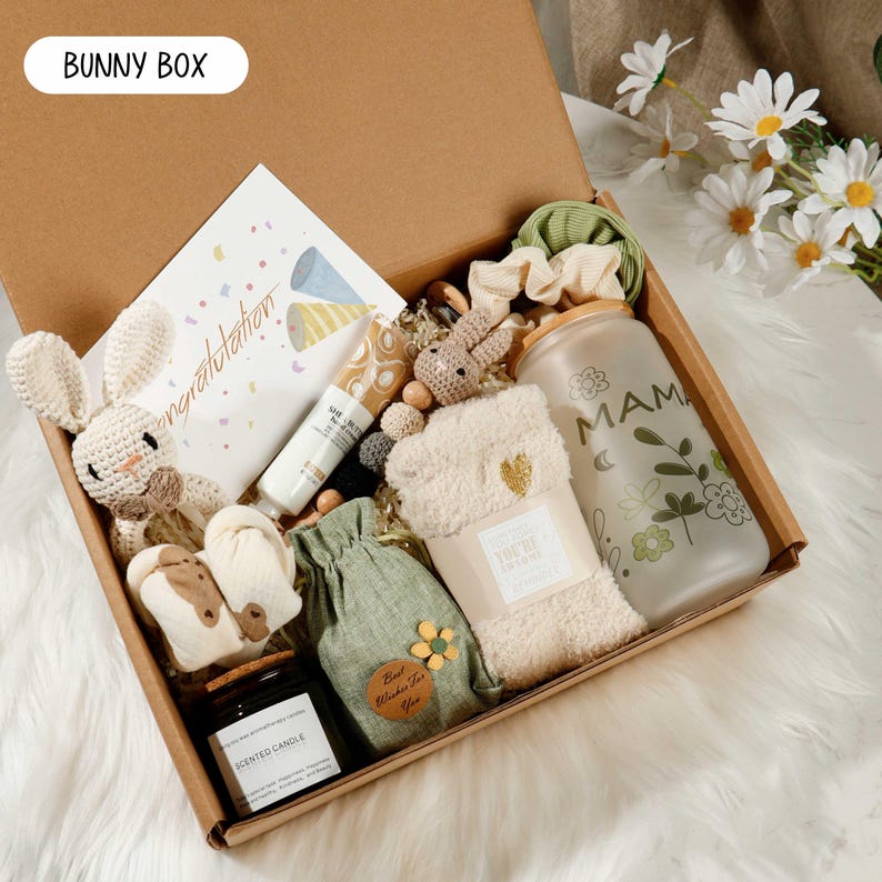 New Mom Gift Box, New Baby Gift, Pregnancy Care Package, Baby Girl Gift Box, Cozy Gift Basket for Friend Bunny Box