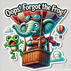 Puede incluir: Una ilustración de dibujos animados de un elefante azul con una bufanda roja y gafas de aviador, volando en un globo aerostático. El elefante se agarra a la cesta del globo, que está hecha de mimbre. Una rana verde se agarra al lado del globo, con aspecto sorprendido. El texto "Oops! Forgot the Frog!" está escrito en un contorno blanco alrededor del globo.