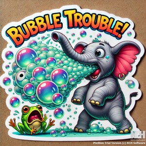 Könnte beinhalten: Eine Cartoon-Illustration eines grauen Elefanten, der schimmernde blaue und rosa Blasen bläst. Der Elefant hat einen überraschten Gesichtsausdruck. Ein grüner Frosch mit einem überraschten Gesichtsausdruck steht vor dem Elefanten. Der Text "BUBBLE TROUBLE!" ist in gelben, orangen und blauen Buchstaben oben im Bild geschrieben.