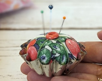 Handmade Feedsack Pincushion in Vintage Mini Tart Mold