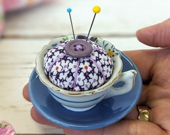 Handmade Feedsack Pincushion in Vintage small Teacup with Saucer