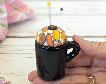 Handmade Feedsack Pincushion in Tiny Vintage Glazed Mug cup