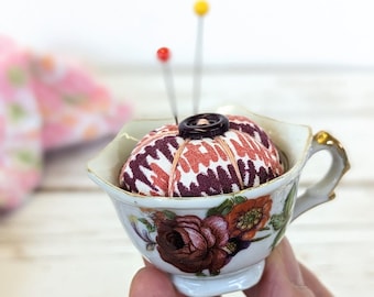 Handmade Feedsack Pincushion in tiny Vintage Floral Teacup