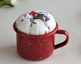 Handmade Feedsack Pincushion in Vintage Red Enamelware Cup, Cowboy