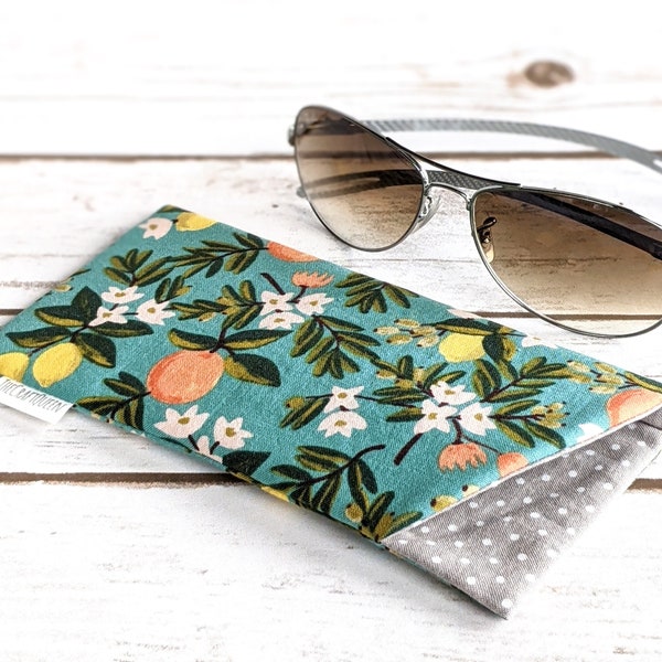 Eyeglass case, padded, cotton fabric, Rifle Paper Co, Citrus Floral Teal, Primavera