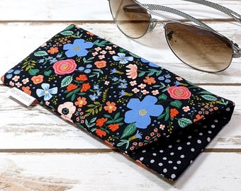 Eyeglass case, padded, cotton fabric, Rifle Paper Co, Wild Rose Black, Primavera