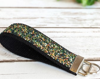 Glitter canvas sparkle wristlet, Galaxy Black, key fob, keychain