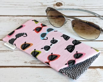 Eyeglass case, padded, cotton fabric, pink retro vintage sunglasses