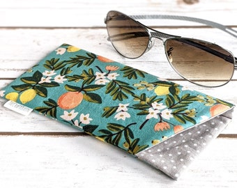 Eyeglass case, padded, cotton fabric, Rifle Paper Co, Citrus Floral Teal, Primavera