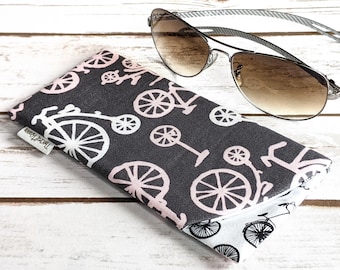 Eyeglass case, padded, cotton fabric, in retro bicycles design, gray/pink/white