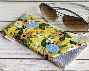 Eyeglass case, padded, cotton fabric, Rifle Paper Co, Primavera, Yellow Birch