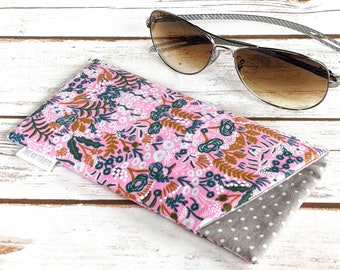 Eyeglass case, padded, cotton fabric, Rifle Paper Co, Menagerie Tapestry, violet