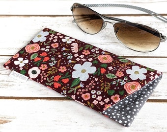 Eyeglass case, padded, cotton fabric, Rifle Paper Co, Garden Party, burgundy
