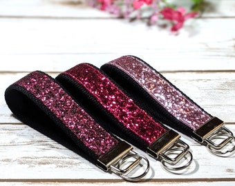 Glitter canvas sparkle wristlet key fob keychain key chain, burgundy, fuchsia, pink