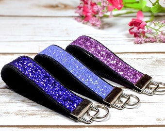 Glitter canvas sparkle wristlet key fob keychain key chain, purple, lavender, red violet