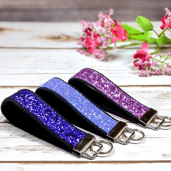 Glitter canvas sparkle wristlet key fob keychain key chain, purple, lavender, red violet